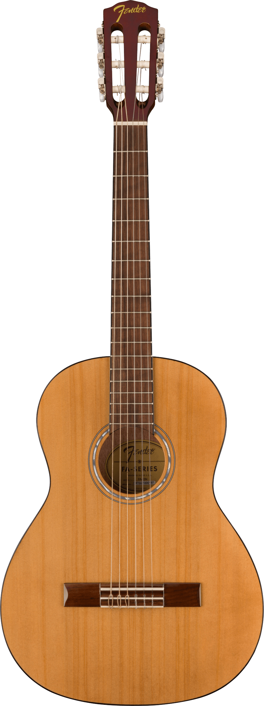 The image shows a Fender classical acoustic guitar with a natural wood finish and traditional figure-8 body shape. It features six nylon strings, a wide neck, a slotted headstock with the gold Fender logo, and classical-style tuning pegs arranged 3-per-side. The sound hole has decorative rosettes, and the dark wood fretboard likely is rosewood. This guitar blends Fender’s design with classic Spanish guitar elements.