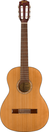 The image shows a Fender classical acoustic guitar with a natural wood finish and traditional figure-8 body shape. It features six nylon strings, a wide neck, a slotted headstock with the gold Fender logo, and classical-style tuning pegs arranged 3-per-side. The sound hole has decorative rosettes, and the dark wood fretboard likely is rosewood. This guitar blends Fender’s design with classic Spanish guitar elements.