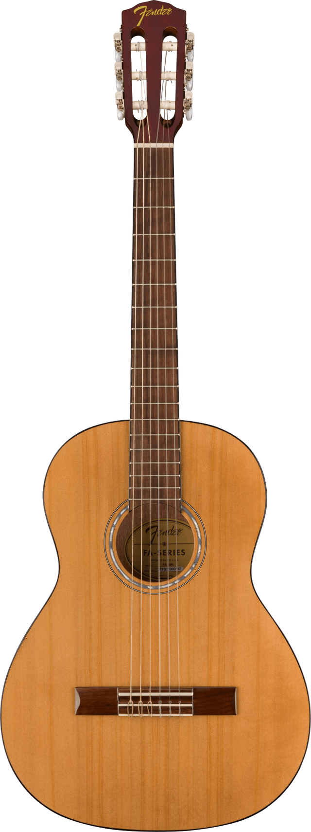 The image shows a Fender classical acoustic guitar with a natural wood finish and traditional figure-8 body shape. It features six nylon strings, a wide neck, a slotted headstock with the gold Fender logo, and classical-style tuning pegs arranged 3-per-side. The sound hole has decorative rosettes, and the dark wood fretboard likely is rosewood. This guitar blends Fender’s design with classic Spanish guitar elements.