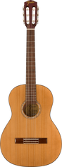 The image shows a Fender classical acoustic guitar with a natural wood finish and traditional figure-8 body shape. It features six nylon strings, a wide neck, a slotted headstock with the gold Fender logo, and classical-style tuning pegs arranged 3-per-side. The sound hole has decorative rosettes, and the dark wood fretboard likely is rosewood. This guitar blends Fender’s design with classic Spanish guitar elements.