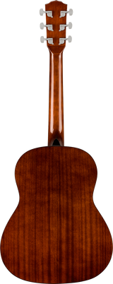 The image shows the back of a 6-string acoustic guitar with a reddish-brown, glossy wooden body. It features a headstock with six white/silver tuning pegs (3 per side) and a visible wood grain on the neck and body. The classic shape includes a dark circular sound hole visible from this angle, highlighting the craftsmanship and quality typical of mahogany or similar hardwood instruments.