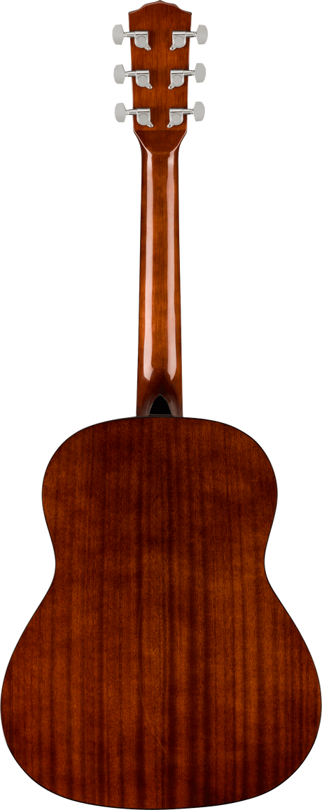The image shows the back of a 6-string acoustic guitar with a reddish-brown, glossy wooden body. It features a headstock with six white/silver tuning pegs (3 per side) and a visible wood grain on the neck and body. The classic shape includes a dark circular sound hole visible from this angle, highlighting the craftsmanship and quality typical of mahogany or similar hardwood instruments.