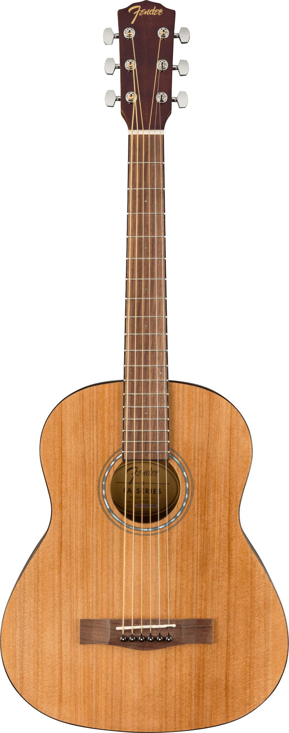 The image shows a Fender acoustic guitar with a smaller body, likely a 3/4 or travel size. It features a natural wood finish, a dark headstock with gold Fender branding, six chrome tuning pegs, a decorative rosette around the sound hole, a rosewood fretboard, and steel strings. This compact model is typical of Fender's acoustic line, suited for beginners or travel.