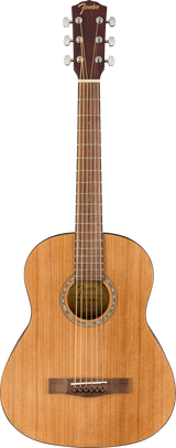 The image shows a Fender acoustic guitar with a smaller body, likely a 3/4 or travel size. It features a natural wood finish, a dark headstock with gold Fender branding, six chrome tuning pegs, a decorative rosette around the sound hole, a rosewood fretboard, and steel strings. This compact model is typical of Fender's acoustic line, suited for beginners or travel.