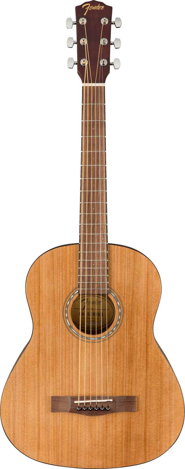 The image shows a Fender acoustic guitar with a smaller body, likely a 3/4 or travel size. It features a natural wood finish, a dark headstock with gold Fender branding, six chrome tuning pegs, a decorative rosette around the sound hole, a rosewood fretboard, and steel strings. This compact model is typical of Fender's acoustic line, suited for beginners or travel.