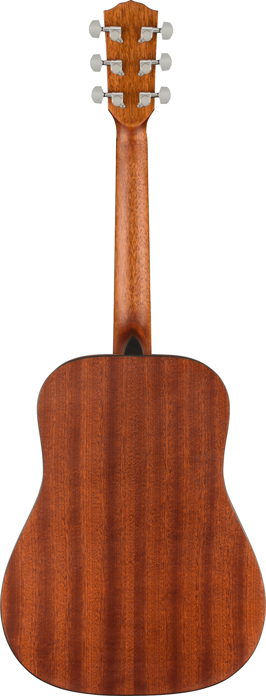The image shows the back of an acoustic guitar with a reddish-brown wood finish and visible grain patterns. It has a classic dreadnought-style body and a neck extending to a headstock with six chrome tuning pegs arranged 3+3. The smooth, polished finish highlights the quality craftsmanship, suggesting the guitar is made from mahogany or similar hardwood. This versatile instrument suits various music genres.