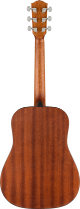 The image shows the back of an acoustic guitar with a reddish-brown wood finish and visible grain patterns. It has a classic dreadnought-style body and a neck extending to a headstock with six chrome tuning pegs arranged 3+3. The smooth, polished finish highlights the quality craftsmanship, suggesting the guitar is made from mahogany or similar hardwood. This versatile instrument suits various music genres.