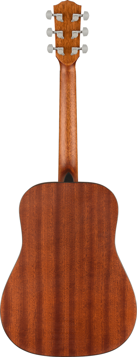 The image shows the back of an acoustic guitar with a reddish-brown wood finish and visible grain patterns. It has a classic dreadnought-style body and a neck extending to a headstock with six chrome tuning pegs arranged 3+3. The smooth, polished finish highlights the quality craftsmanship, suggesting the guitar is made from mahogany or similar hardwood. This versatile instrument suits various music genres.