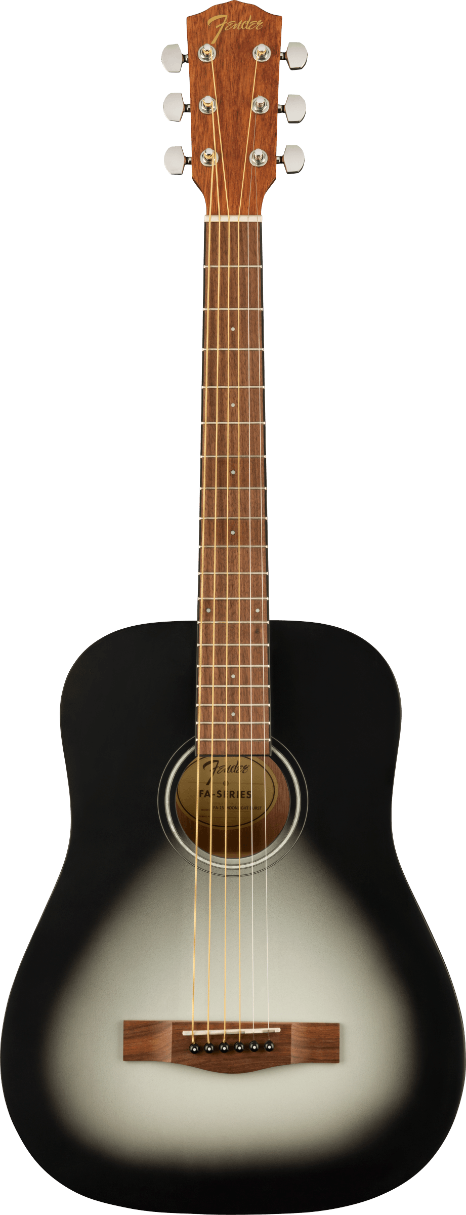 The image shows a Fender dreadnought acoustic guitar with a black-to-light sunburst finish. It has a natural wood headstock with the gold Fender logo, six chrome tuning pegs in a 3+3 layout, and a dark wood fretboard with fret markers. The guitar features a round sound hole with a decorative rosette, a wooden bridge, and six steel strings. This model likely belongs to Fender’s Classic Design series.