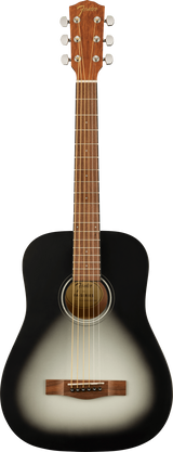 The image shows a Fender dreadnought acoustic guitar with a black-to-light sunburst finish. It has a natural wood headstock with the gold Fender logo, six chrome tuning pegs in a 3+3 layout, and a dark wood fretboard with fret markers. The guitar features a round sound hole with a decorative rosette, a wooden bridge, and six steel strings. This model likely belongs to Fender’s Classic Design series.