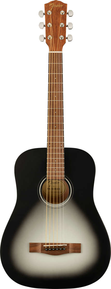 The image shows a Fender dreadnought acoustic guitar with a black-to-light sunburst finish. It has a natural wood headstock with the gold Fender logo, six chrome tuning pegs in a 3+3 layout, and a dark wood fretboard with fret markers. The guitar features a round sound hole with a decorative rosette, a wooden bridge, and six steel strings. This model likely belongs to Fender’s Classic Design series.