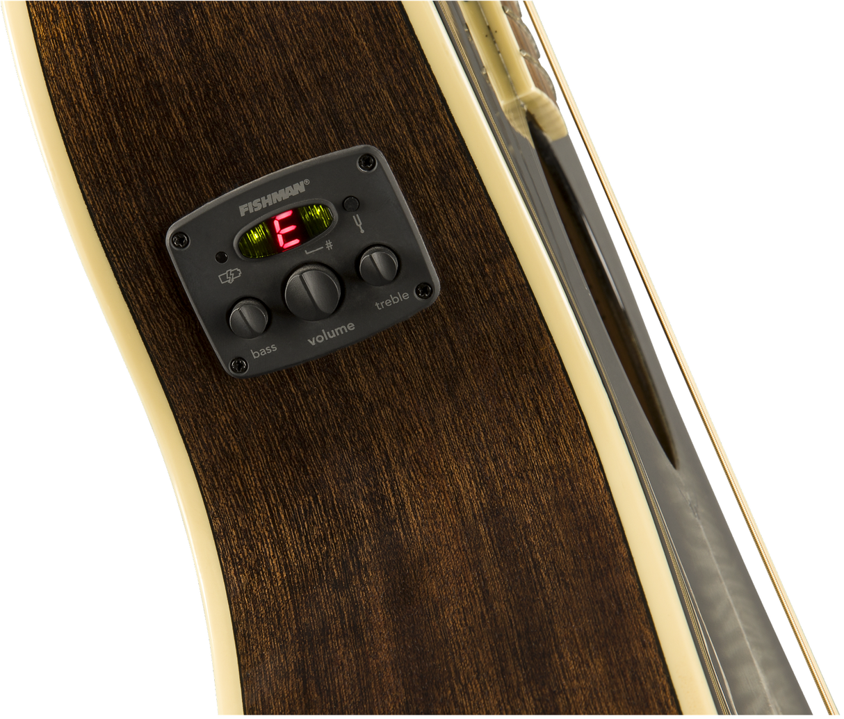 The image shows a Fishman acoustic guitar preamp/pickup system installed in an acoustic guitar with a dark wood finish and cream binding. Features include a Fishman-branded preamp, a digital display reading "6," three control knobs for bass, volume, and treble, and two LED indicators. This high-quality system amplifies the guitar’s natural tone for live or studio use.
