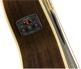 The image shows a Fishman acoustic guitar preamp/pickup system installed in an acoustic guitar with a dark wood finish and cream binding. Features include a Fishman-branded preamp, a digital display reading "6," three control knobs for bass, volume, and treble, and two LED indicators. This high-quality system amplifies the guitar’s natural tone for live or studio use.