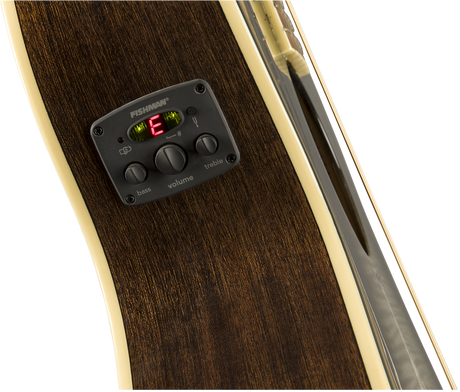 The image shows a Fishman acoustic guitar preamp/pickup system installed in an acoustic guitar with a dark wood finish and cream binding. Features include a Fishman-branded preamp, a digital display reading "6," three control knobs for bass, volume, and treble, and two LED indicators. This high-quality system amplifies the guitar’s natural tone for live or studio use.