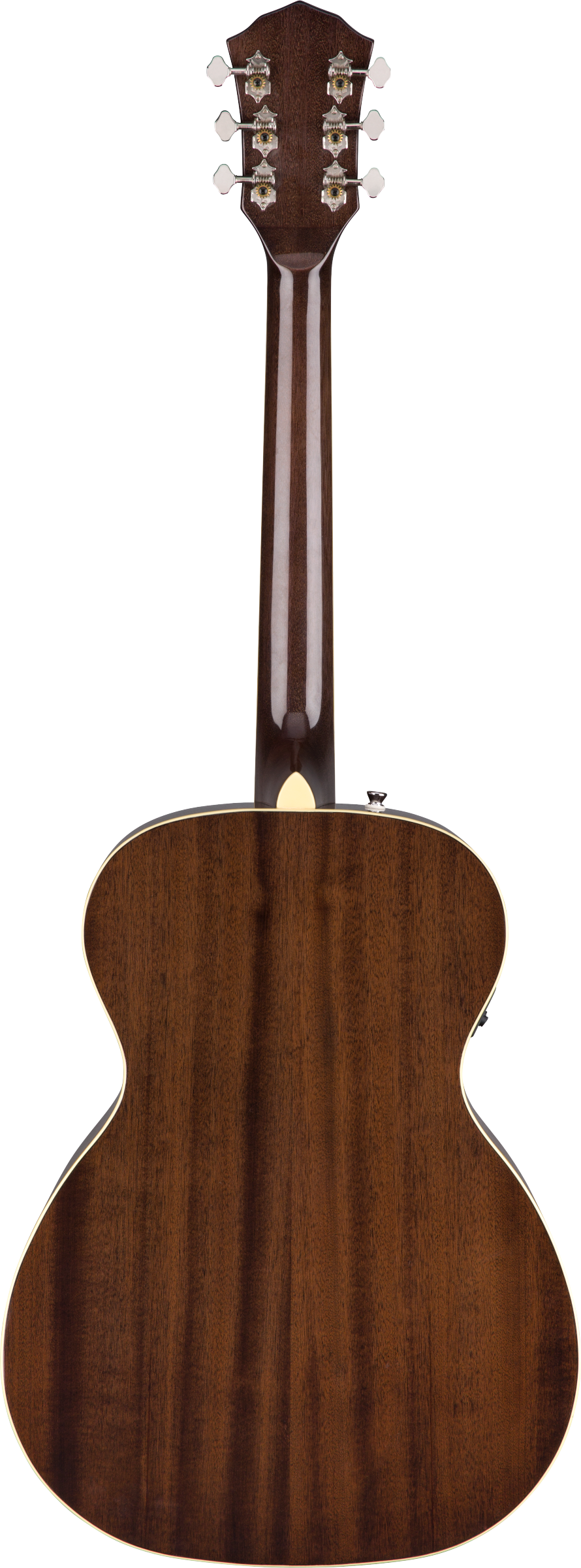 The image shows the back of an acoustic guitar with a rich brown wood finish and visible grain. It features a headstock with six tuning pegs, a neck extending to a dreadnought-style body with light-colored binding, and a heel where the neck joins the body. The quality tuning pegs and wood suggest a well-crafted, mid to high-end instrument.