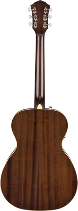 The image shows the back of an acoustic guitar with a rich brown wood finish and visible grain. It features a headstock with six tuning pegs, a neck extending to a dreadnought-style body with light-colored binding, and a heel where the neck joins the body. The quality tuning pegs and wood suggest a well-crafted, mid to high-end instrument.