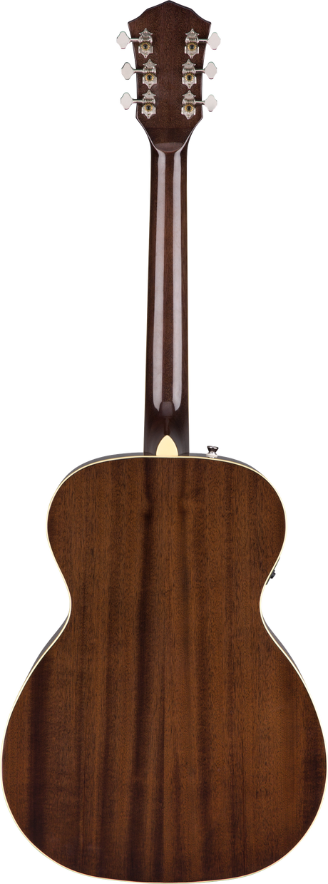 The image shows the back of an acoustic guitar with a rich brown wood finish and visible grain. It features a headstock with six tuning pegs, a neck extending to a dreadnought-style body with light-colored binding, and a heel where the neck joins the body. The quality tuning pegs and wood suggest a well-crafted, mid to high-end instrument.