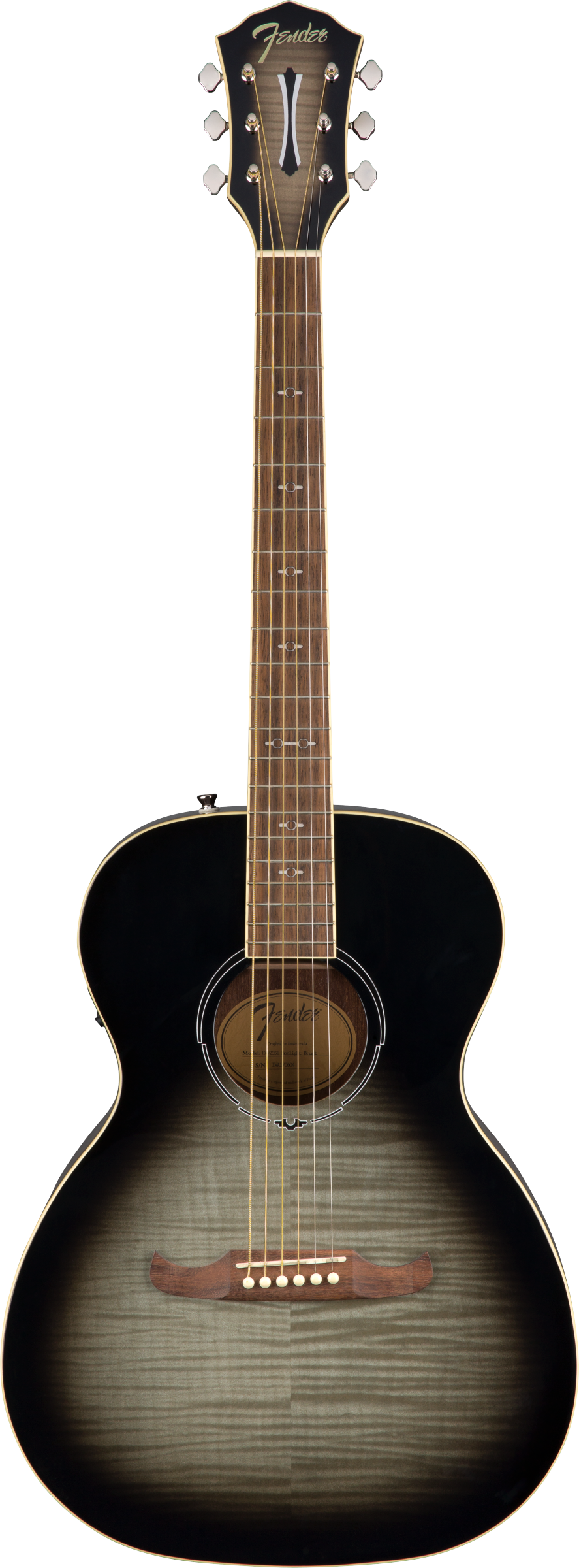 The image shows a Fender acoustic guitar with a concert-sized body and a striking gradient finish blending black edges into a natural wood center, highlighting visible flame grain. It has chrome tuning pegs, a traditional bridge with light-colored pins, a decorative rosette, and cream binding. The neck features a dark wood fretboard with standard inlays and a comfortable profile, reflecting a mid-range, premium-quality model.