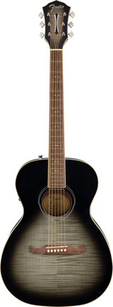 The image shows a Fender acoustic guitar with a concert-sized body and a striking gradient finish blending black edges into a natural wood center, highlighting visible flame grain. It has chrome tuning pegs, a traditional bridge with light-colored pins, a decorative rosette, and cream binding. The neck features a dark wood fretboard with standard inlays and a comfortable profile, reflecting a mid-range, premium-quality model.