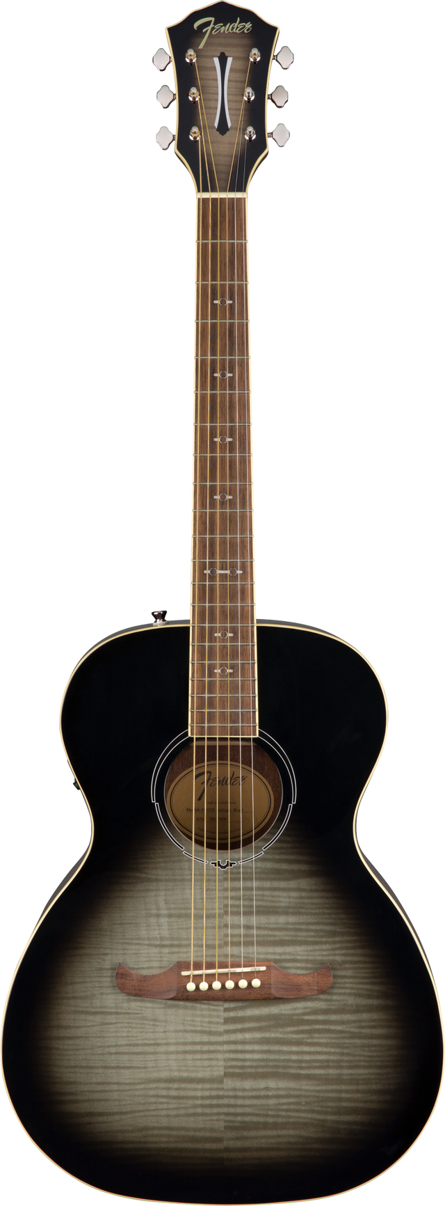 The image shows a Fender acoustic guitar with a concert-sized body and a striking gradient finish blending black edges into a natural wood center, highlighting visible flame grain. It has chrome tuning pegs, a traditional bridge with light-colored pins, a decorative rosette, and cream binding. The neck features a dark wood fretboard with standard inlays and a comfortable profile, reflecting a mid-range, premium-quality model.