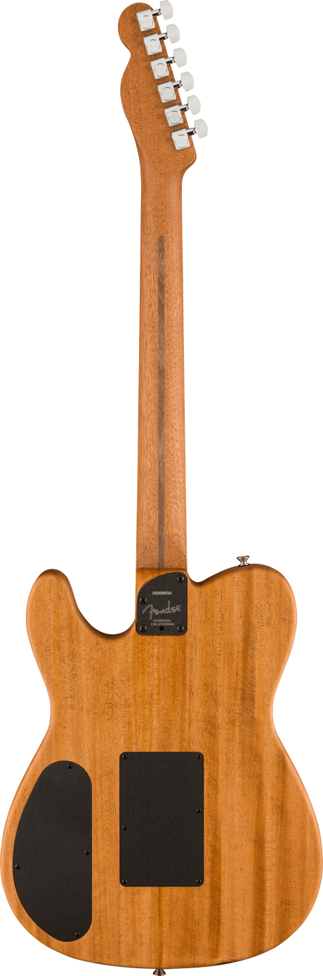 The image shows the back of a Fender Telecaster-style electric guitar with a natural ash or alder wood finish and visible grain. It features a classic single-cutaway body, bolt-on neck with a branded Fender neck plate, six chrome tuning machines on a traditional headstock, a dark control cavity cover, and string ferrules. The design is clean, minimalist, and reflects professional-grade construction typical of this iconic guitar.