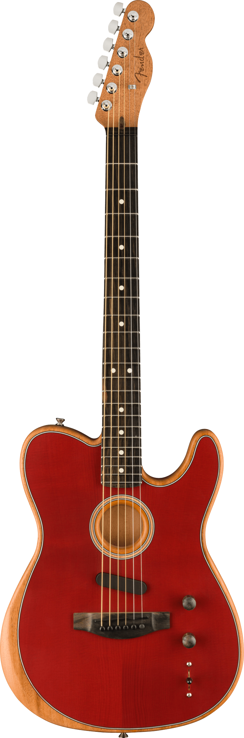 The image shows a Fender acoustic-electric guitar with a deep red Telecaster-style single-cutaway body and natural wood binding. It features a central acoustic sound hole, chrome tuning pegs, a dark fretboard with dot markers, electric controls on the body, and a natural wood headstock with Fender branding. This hybrid guitar blends acoustic resonance with electric pickup capabilities, ideal for amplifying acoustic tones.