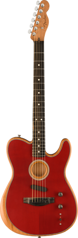 The image shows a Fender acoustic-electric guitar with a deep red Telecaster-style single-cutaway body and natural wood binding. It features a central acoustic sound hole, chrome tuning pegs, a dark fretboard with dot markers, electric controls on the body, and a natural wood headstock with Fender branding. This hybrid guitar blends acoustic resonance with electric pickup capabilities, ideal for amplifying acoustic tones.