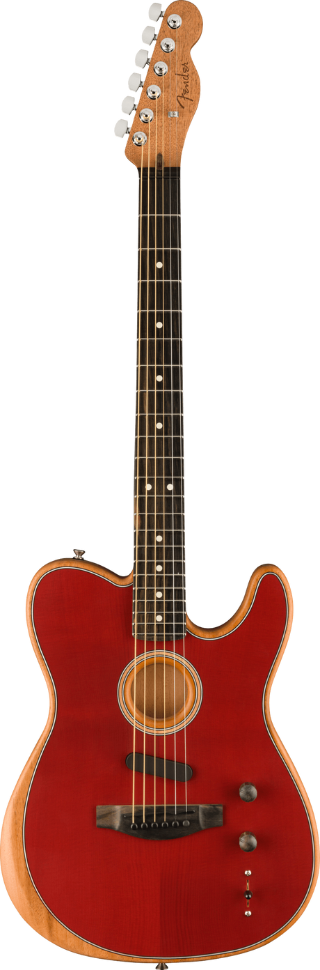 The image shows a Fender acoustic-electric guitar with a deep red Telecaster-style single-cutaway body and natural wood binding. It features a central acoustic sound hole, chrome tuning pegs, a dark fretboard with dot markers, electric controls on the body, and a natural wood headstock with Fender branding. This hybrid guitar blends acoustic resonance with electric pickup capabilities, ideal for amplifying acoustic tones.