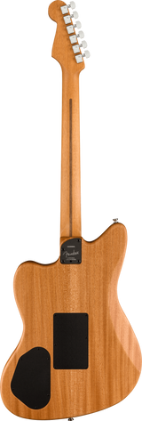 The image shows the back of a Fender electric guitar, likely a Telecaster, with a natural wood finish displaying visible grain. It features a classic Fender headstock with six chrome tuning pegs and white buttons, a bolt-on neck joint with a neck plate, and black rectangular cavities possibly for pickups or electronics. The design reflects the iconic American guitar known for its bright tone and durable construction since the 1950s.
