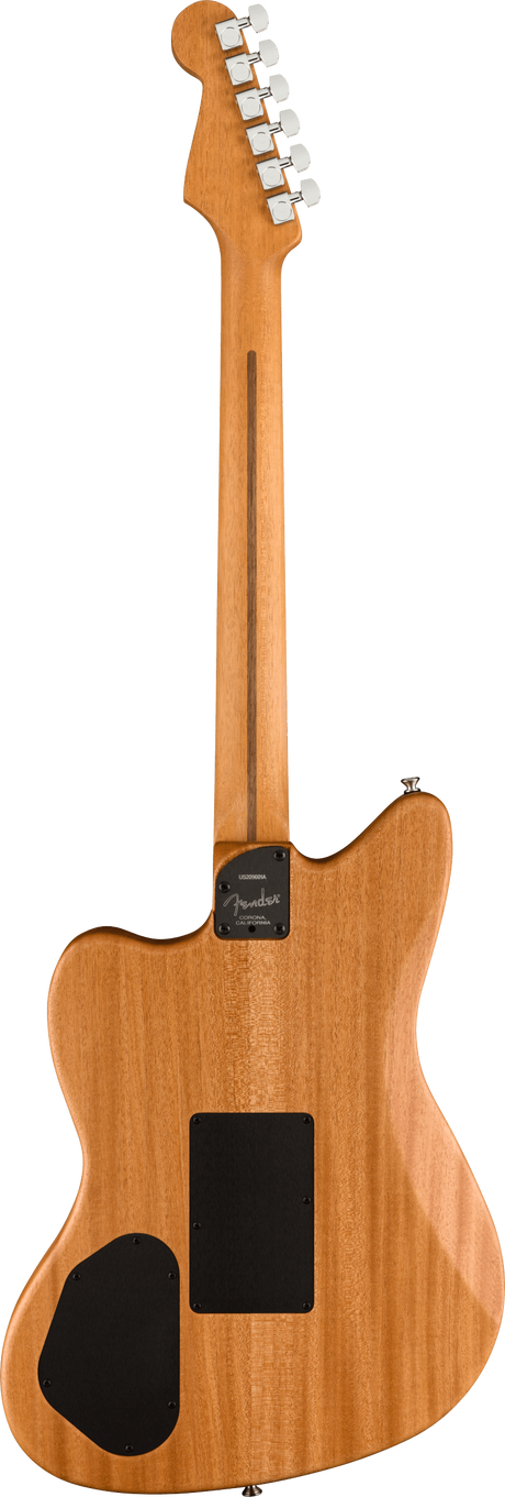 The image shows the back of a Fender electric guitar, likely a Telecaster, with a natural wood finish displaying visible grain. It features a classic Fender headstock with six chrome tuning pegs and white buttons, a bolt-on neck joint with a neck plate, and black rectangular cavities possibly for pickups or electronics. The design reflects the iconic American guitar known for its bright tone and durable construction since the 1950s.