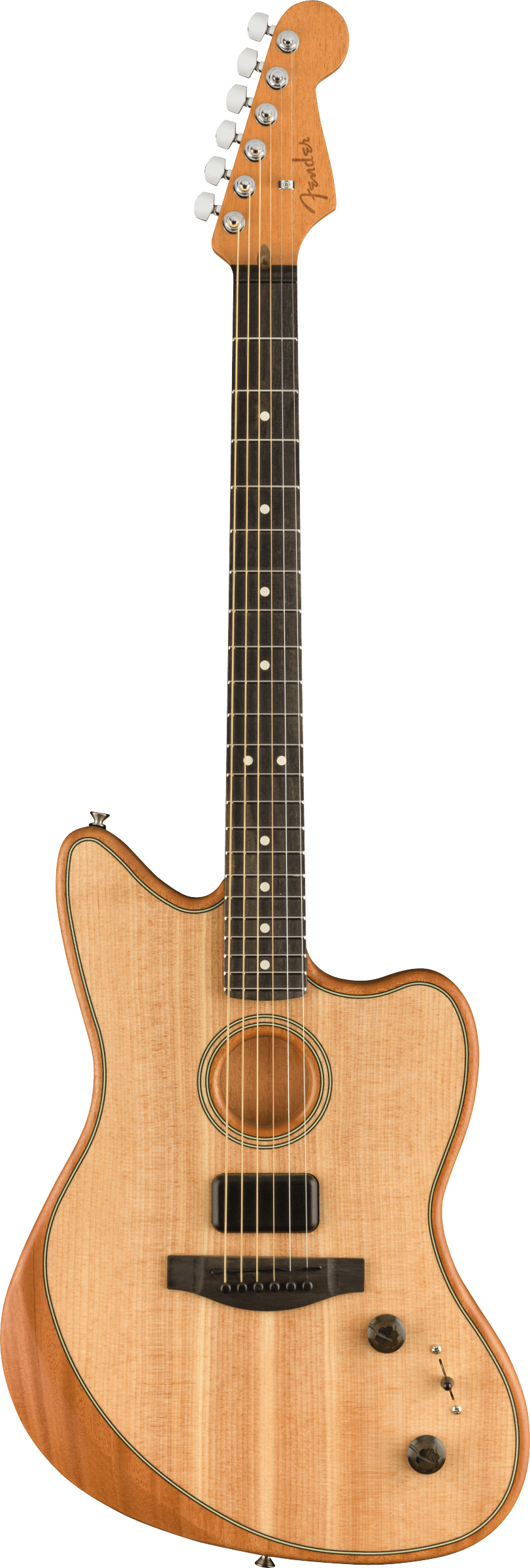 The image shows a Fender Acoustasonic acoustic-electric guitar with a natural wood finish and cutaway body. It has a traditional sound hole, binding, and a dark fretboard with dot inlays. Visible features include a magnetic pickup near the sound hole, control knobs for volume/tone, chrome tuning pegs, and the iconic Fender headstock. This hybrid design combines acoustic warmth with electric playability for versatile use.