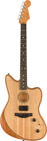 The image shows a Fender Acoustasonic acoustic-electric guitar with a natural wood finish and cutaway body. It has a traditional sound hole, binding, and a dark fretboard with dot inlays. Visible features include a magnetic pickup near the sound hole, control knobs for volume/tone, chrome tuning pegs, and the iconic Fender headstock. This hybrid design combines acoustic warmth with electric playability for versatile use.