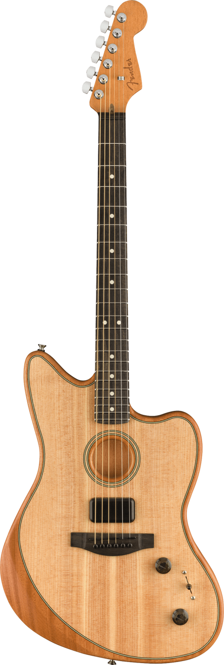 The image shows a Fender Acoustasonic acoustic-electric guitar with a natural wood finish and cutaway body. It has a traditional sound hole, binding, and a dark fretboard with dot inlays. Visible features include a magnetic pickup near the sound hole, control knobs for volume/tone, chrome tuning pegs, and the iconic Fender headstock. This hybrid design combines acoustic warmth with electric playability for versatile use.