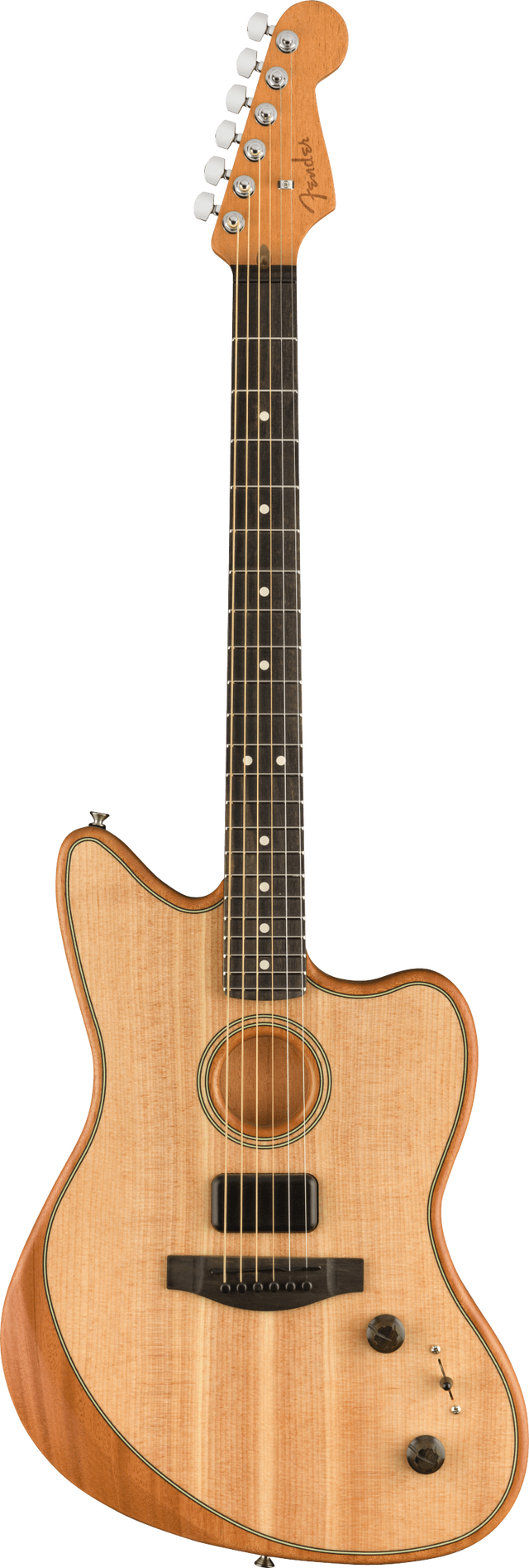 The image shows a Fender Acoustasonic acoustic-electric guitar with a natural wood finish and cutaway body. It has a traditional sound hole, binding, and a dark fretboard with dot inlays. Visible features include a magnetic pickup near the sound hole, control knobs for volume/tone, chrome tuning pegs, and the iconic Fender headstock. This hybrid design combines acoustic warmth with electric playability for versatile use.