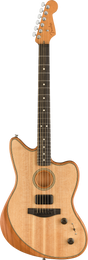 The image shows a Fender Acoustasonic acoustic-electric guitar with a natural wood finish and cutaway body. It has a traditional sound hole, binding, and a dark fretboard with dot inlays. Visible features include a magnetic pickup near the sound hole, control knobs for volume/tone, chrome tuning pegs, and the iconic Fender headstock. This hybrid design combines acoustic warmth with electric playability for versatile use.