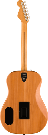 The image shows the back of a Fender Telecaster-style electric guitar with a natural blonde wood finish. It features a classic single-cutaway body, chrome tuning pegs in a row on the headstock, a black control cavity cover, and an oval battery compartment. A small black electronics module is mounted on the back, indicating active pickups or a preamp system. The guitar blends traditional design with modern electronics.