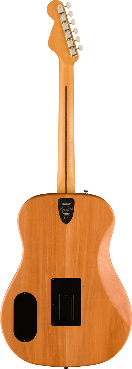 The image shows the back of a Fender Telecaster-style electric guitar with a natural blonde wood finish. It features a classic single-cutaway body, chrome tuning pegs in a row on the headstock, a black control cavity cover, and an oval battery compartment. A small black electronics module is mounted on the back, indicating active pickups or a preamp system. The guitar blends traditional design with modern electronics.