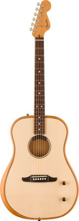 The image shows a Fender steel-string acoustic guitar with a natural wood finish and dreadnought body shape. It features a Fender logo on the light-colored headstock, six chrome tuning pegs, a dark rosewood fretboard with dot inlays, a circular sound hole with a decorative rosette, and a dark wood bridge. The guitar is photographed against a white background, typical of product catalog images.