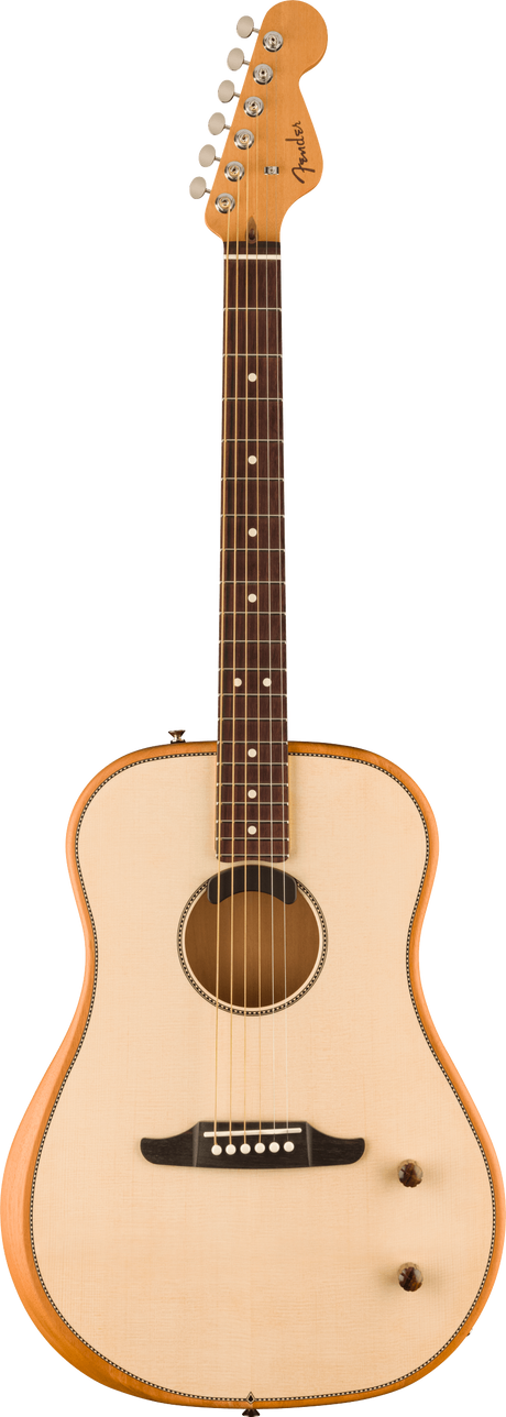 The image shows a Fender steel-string acoustic guitar with a natural wood finish and dreadnought body shape. It features a Fender logo on the light-colored headstock, six chrome tuning pegs, a dark rosewood fretboard with dot inlays, a circular sound hole with a decorative rosette, and a dark wood bridge. The guitar is photographed against a white background, typical of product catalog images.