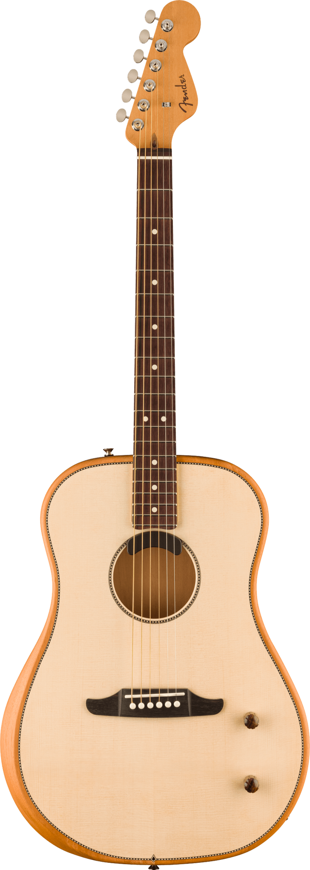 The image shows a Fender steel-string acoustic guitar with a natural wood finish and dreadnought body shape. It features a Fender logo on the light-colored headstock, six chrome tuning pegs, a dark rosewood fretboard with dot inlays, a circular sound hole with a decorative rosette, and a dark wood bridge. The guitar is photographed against a white background, typical of product catalog images.