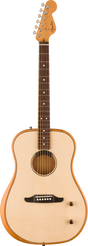 The image shows a Fender steel-string acoustic guitar with a natural wood finish and dreadnought body shape. It features a Fender logo on the light-colored headstock, six chrome tuning pegs, a dark rosewood fretboard with dot inlays, a circular sound hole with a decorative rosette, and a dark wood bridge. The guitar is photographed against a white background, typical of product catalog images.