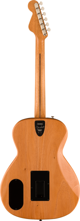 The image shows the back view of an acoustic-electric guitar with a natural honey-colored wood finish. It features six cream tuning pegs (3 per side), a long neck with a darker center strip, and a classic curved body. Visible electronics include a black control panel with volume/tone controls, a side soundport, black mounting hardware, and a small label, highlighting quality craftsmanship and versatility for unplugged or amplified play.