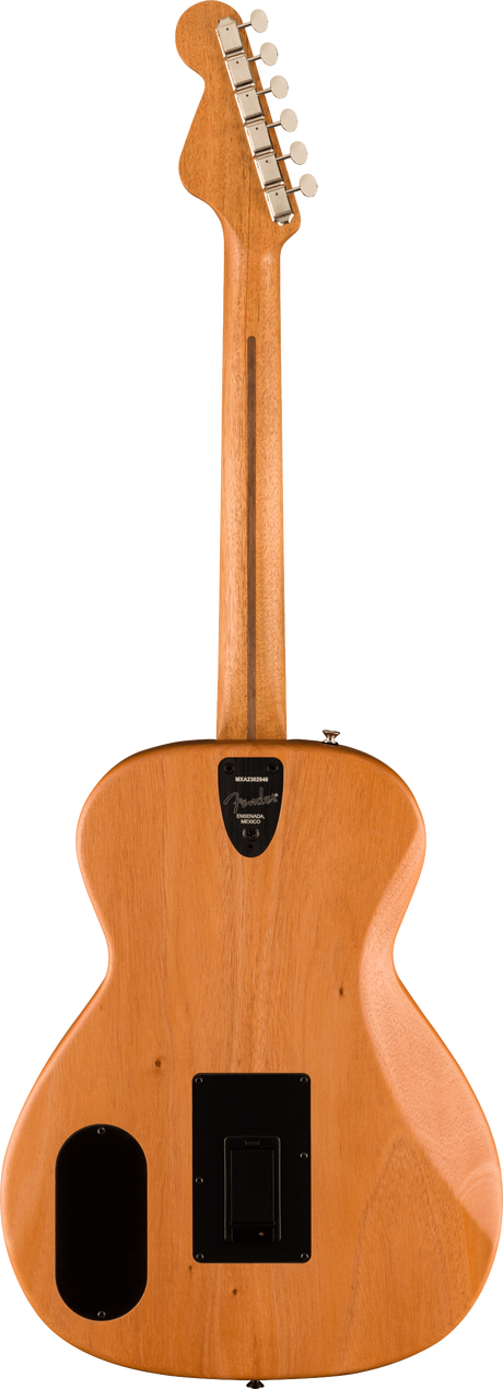 The image shows the back view of an acoustic-electric guitar with a natural honey-colored wood finish. It features six cream tuning pegs (3 per side), a long neck with a darker center strip, and a classic curved body. Visible electronics include a black control panel with volume/tone controls, a side soundport, black mounting hardware, and a small label, highlighting quality craftsmanship and versatility for unplugged or amplified play.