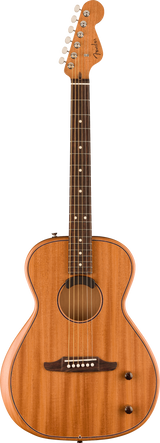 The image shows a Fender classical/parlor-style acoustic guitar with a natural honey-colored wood finish and visible grain. It features a traditional body shape with a sound hole, a dark wood fretboard with white dot markers, six steel strings, a wooden bridge with white pins, six tuning pegs with cream buttons, and the iconic Fender headstock logo. The craftsmanship is clean and classic, suitable for various musical styles.