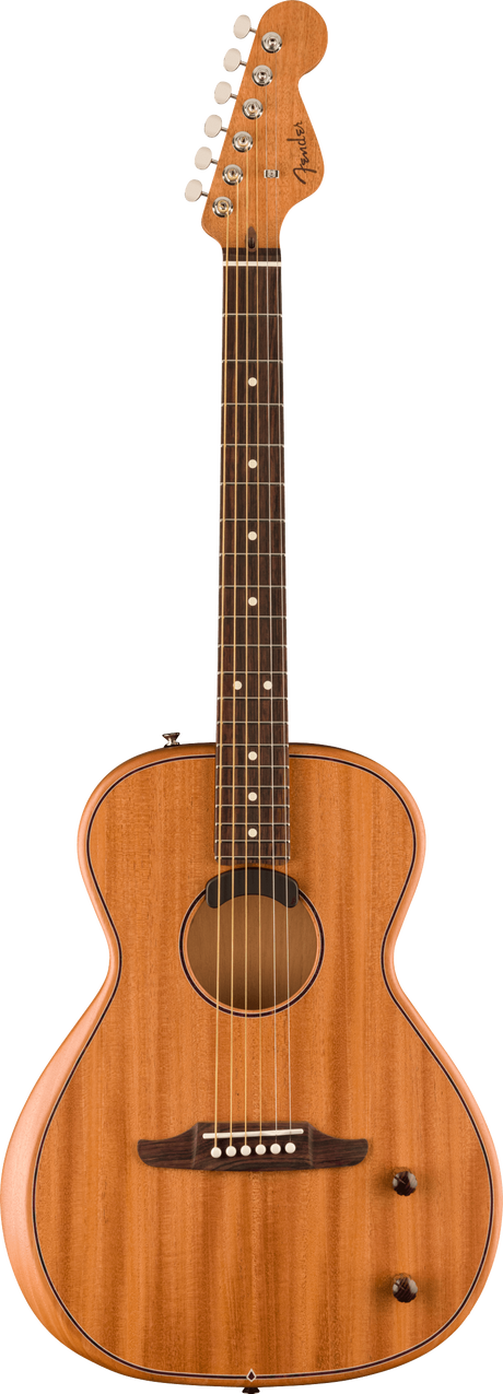 The image shows a Fender classical/parlor-style acoustic guitar with a natural honey-colored wood finish and visible grain. It features a traditional body shape with a sound hole, a dark wood fretboard with white dot markers, six steel strings, a wooden bridge with white pins, six tuning pegs with cream buttons, and the iconic Fender headstock logo. The craftsmanship is clean and classic, suitable for various musical styles.