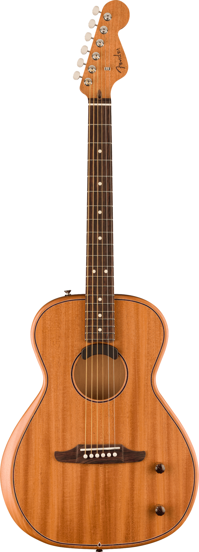 The image shows a Fender classical/parlor-style acoustic guitar with a natural honey-colored wood finish and visible grain. It features a traditional body shape with a sound hole, a dark wood fretboard with white dot markers, six steel strings, a wooden bridge with white pins, six tuning pegs with cream buttons, and the iconic Fender headstock logo. The craftsmanship is clean and classic, suitable for various musical styles.