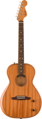 The image shows a Fender classical/parlor-style acoustic guitar with a natural honey-colored wood finish and visible grain. It features a traditional body shape with a sound hole, a dark wood fretboard with white dot markers, six steel strings, a wooden bridge with white pins, six tuning pegs with cream buttons, and the iconic Fender headstock logo. The craftsmanship is clean and classic, suitable for various musical styles.