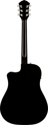The image shows the rear silhouette of an acoustic guitar with a curved headstock, six tuning pegs in a 3+3 layout, a long neck, and a large dreadnought-style body. It features a cutaway design for easier access to higher frets. The black silhouette is set against a white background, depicting a steel-string acoustic guitar commonly used in folk, country, rock, and pop, likely an acoustic-electric model.
