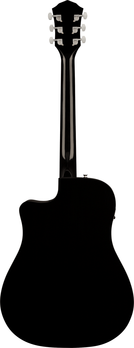 The image shows the rear silhouette of an acoustic guitar with a curved headstock, six tuning pegs in a 3+3 layout, a long neck, and a large dreadnought-style body. It features a cutaway design for easier access to higher frets. The black silhouette is set against a white background, depicting a steel-string acoustic guitar commonly used in folk, country, rock, and pop, likely an acoustic-electric model.