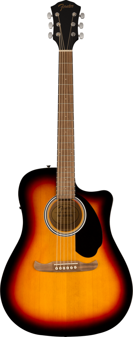The image shows a Fender acoustic-electric guitar with a cutaway dreadnought body, classic sunburst finish, and black pickguard. It has a natural wood neck and fretboard with markers, six steel strings, chrome tuning pegs, and the gold Fender logo on the headstock. A traditional sound hole with decorative rosette is visible. The cutaway design allows easier access to higher frets, suitable for both unplugged and amplified playing.